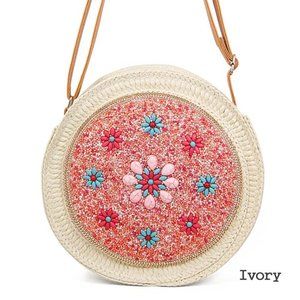 FLOWER ROUND BEAD STRAW CROSSBODY BAG